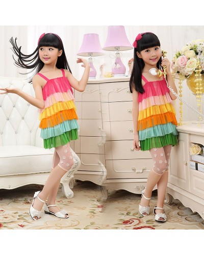 2015 Rainbow splicing dress with shoulder-straps rainbow children summer style beach bohemian toddler girl dresses