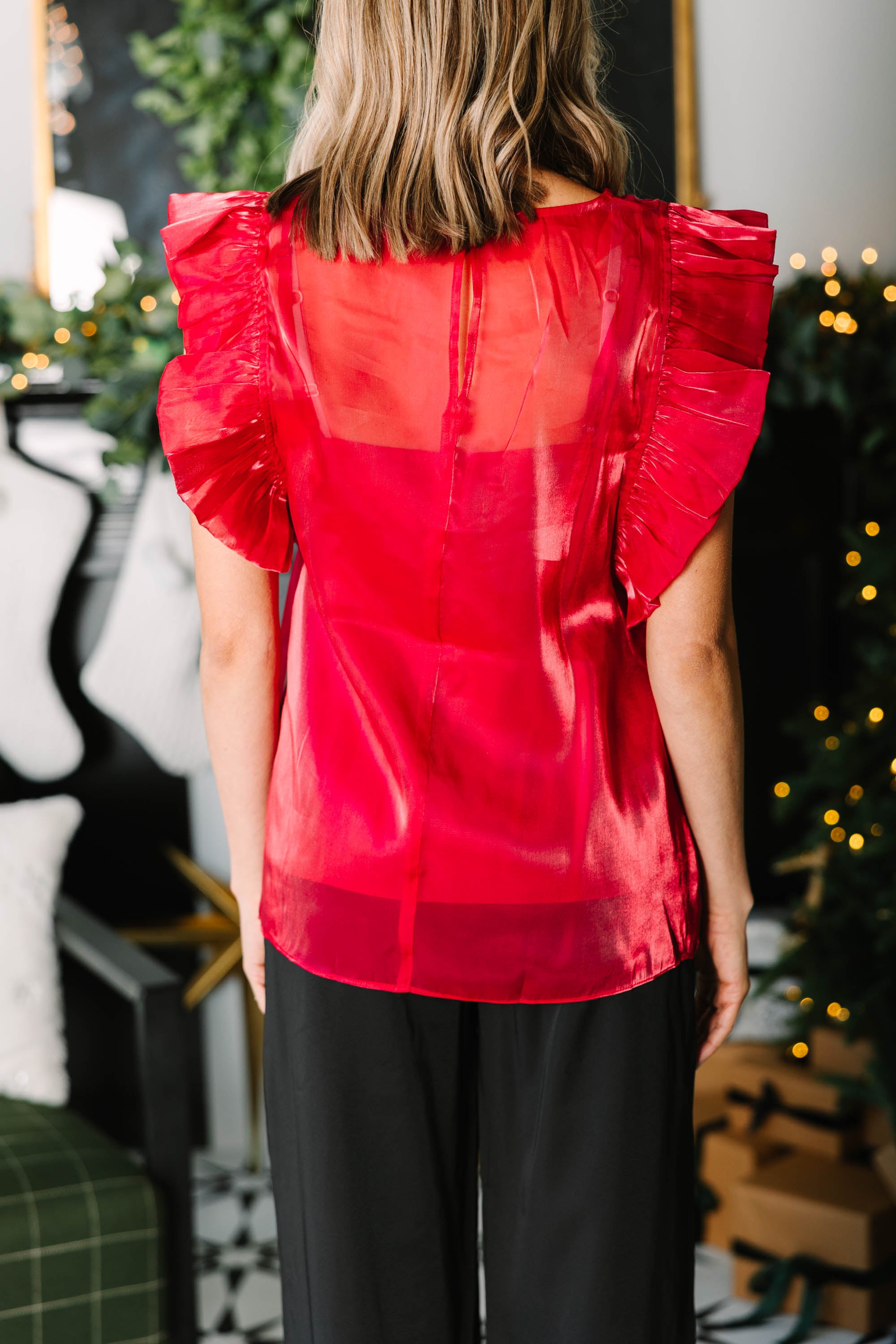 Chic Dreams Red Satin Ruffled Blouse
