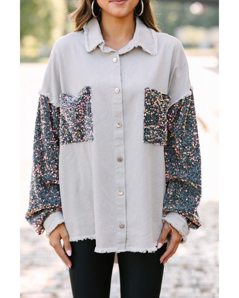 Let's Go Light Gray Sequin Sleeve Shacket