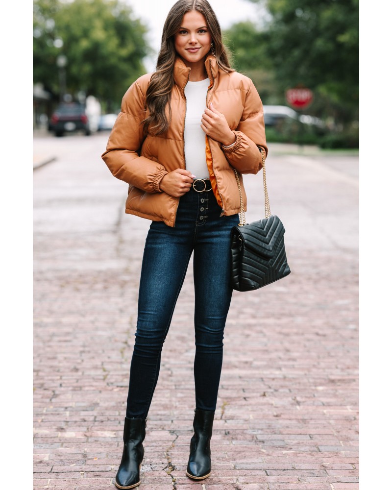 Give It Your All Camel Brown Faux Leather Puffer Jacket