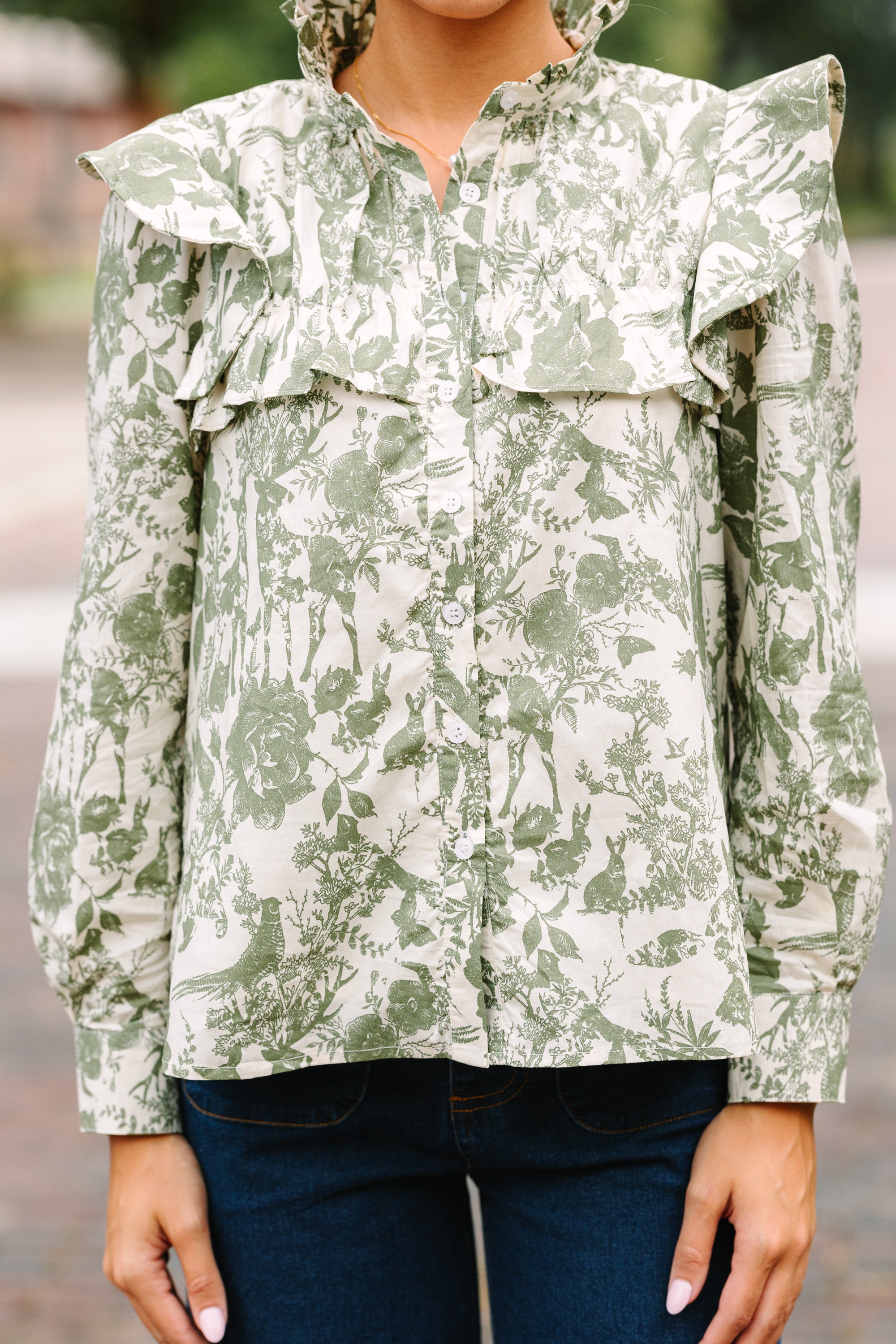On Your Time Olive Green Toile Button Down Blouse