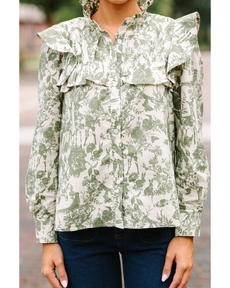 On Your Time Olive Green Toile Button Down Blouse