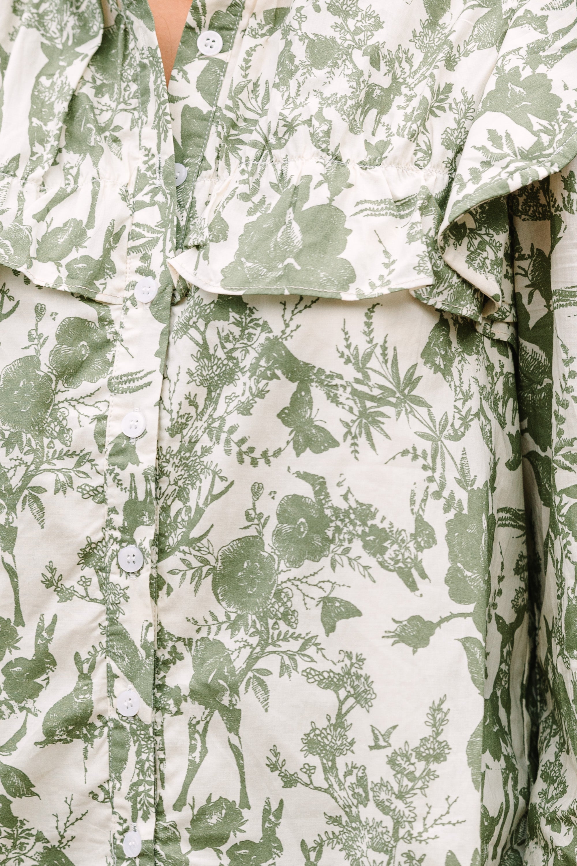On Your Time Olive Green Toile Button Down Blouse