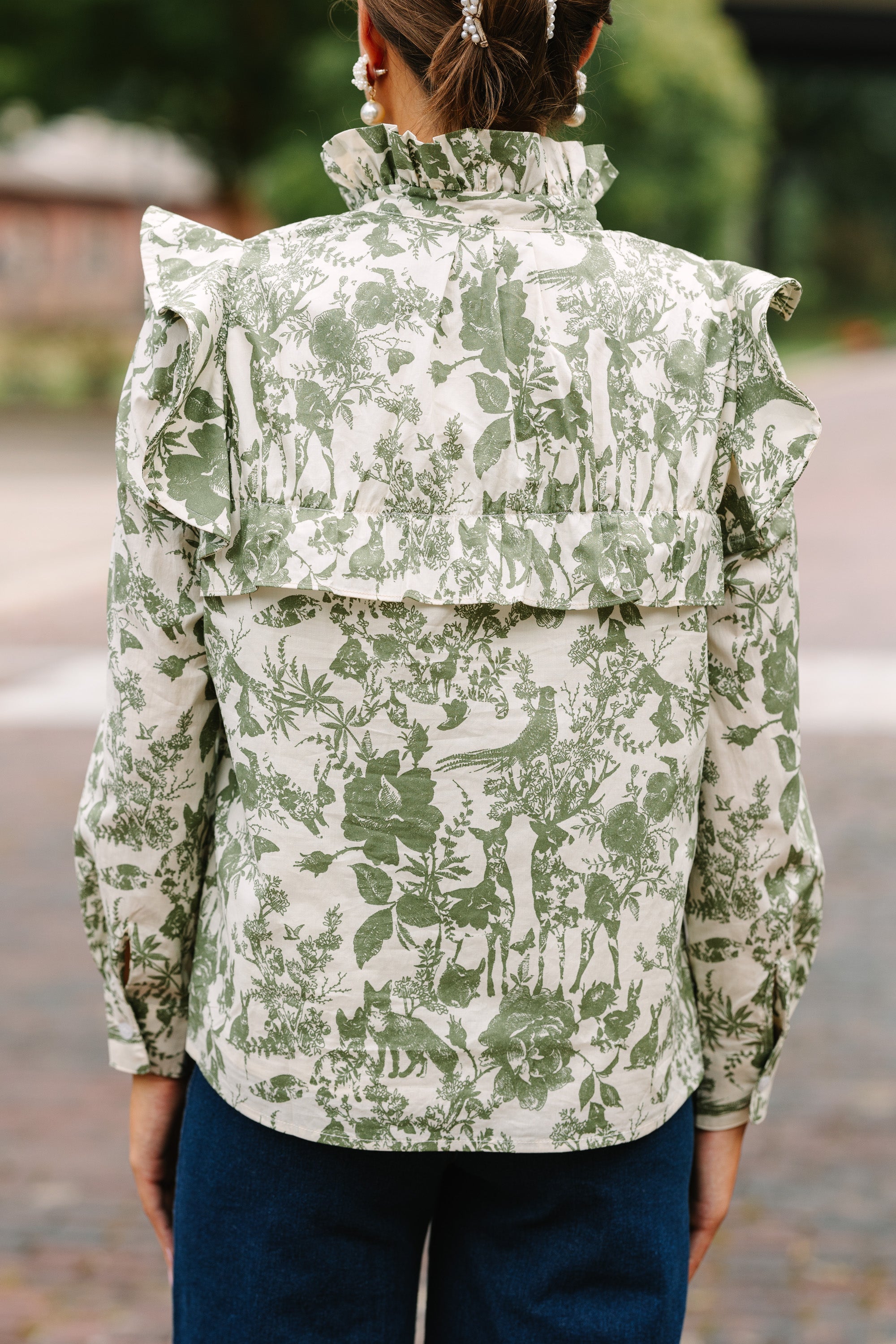 On Your Time Olive Green Toile Button Down Blouse
