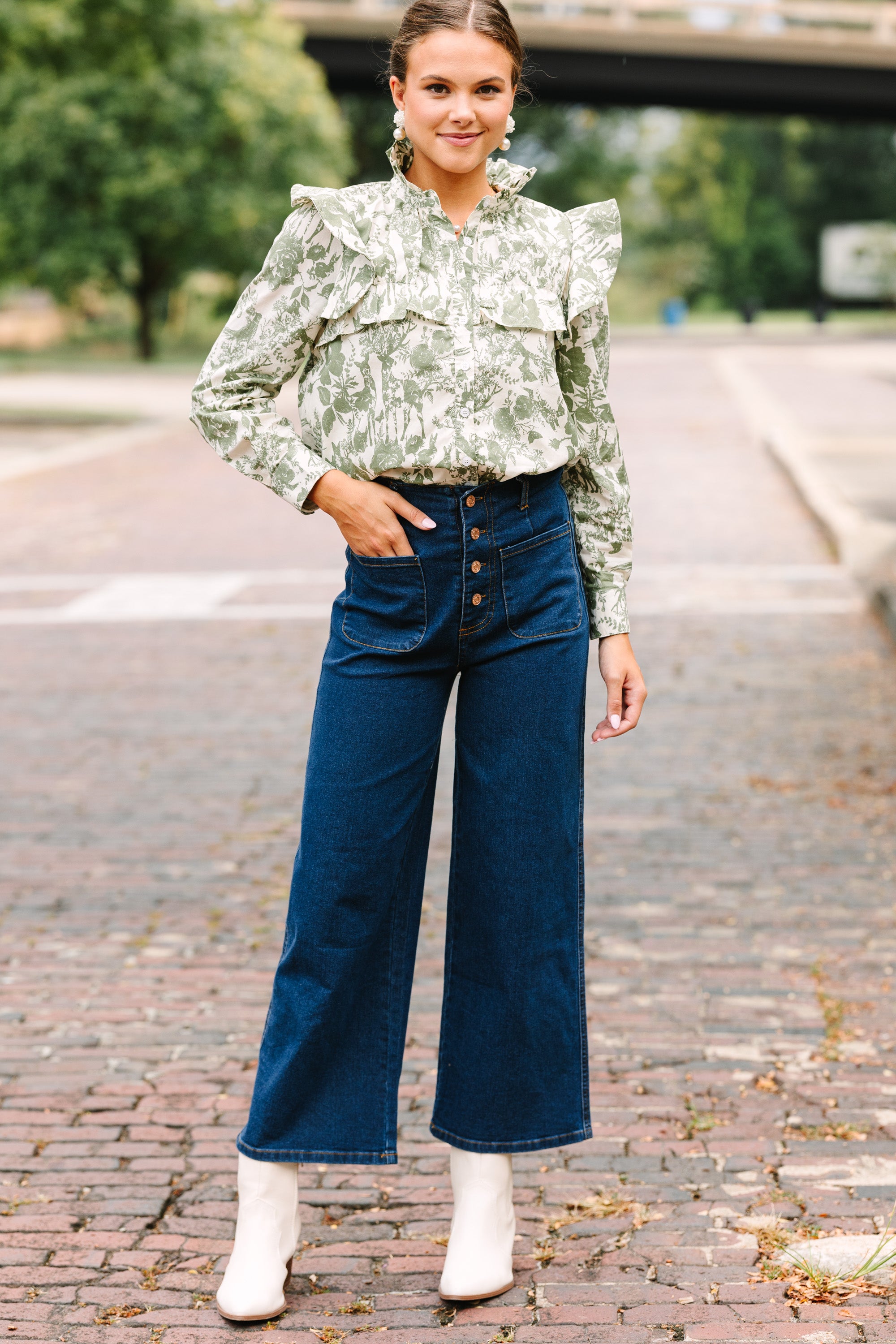 On Your Time Olive Green Toile Button Down Blouse