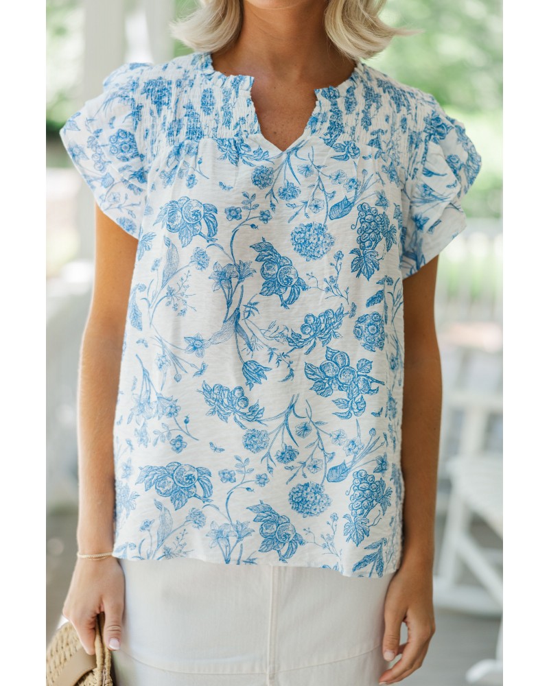 Take Your Lead Blue Toile Blouse