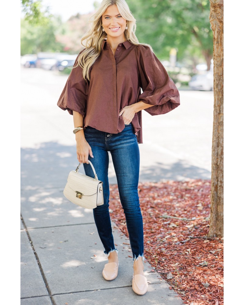 Let's Run Brown Bubble Sleeve Blouse