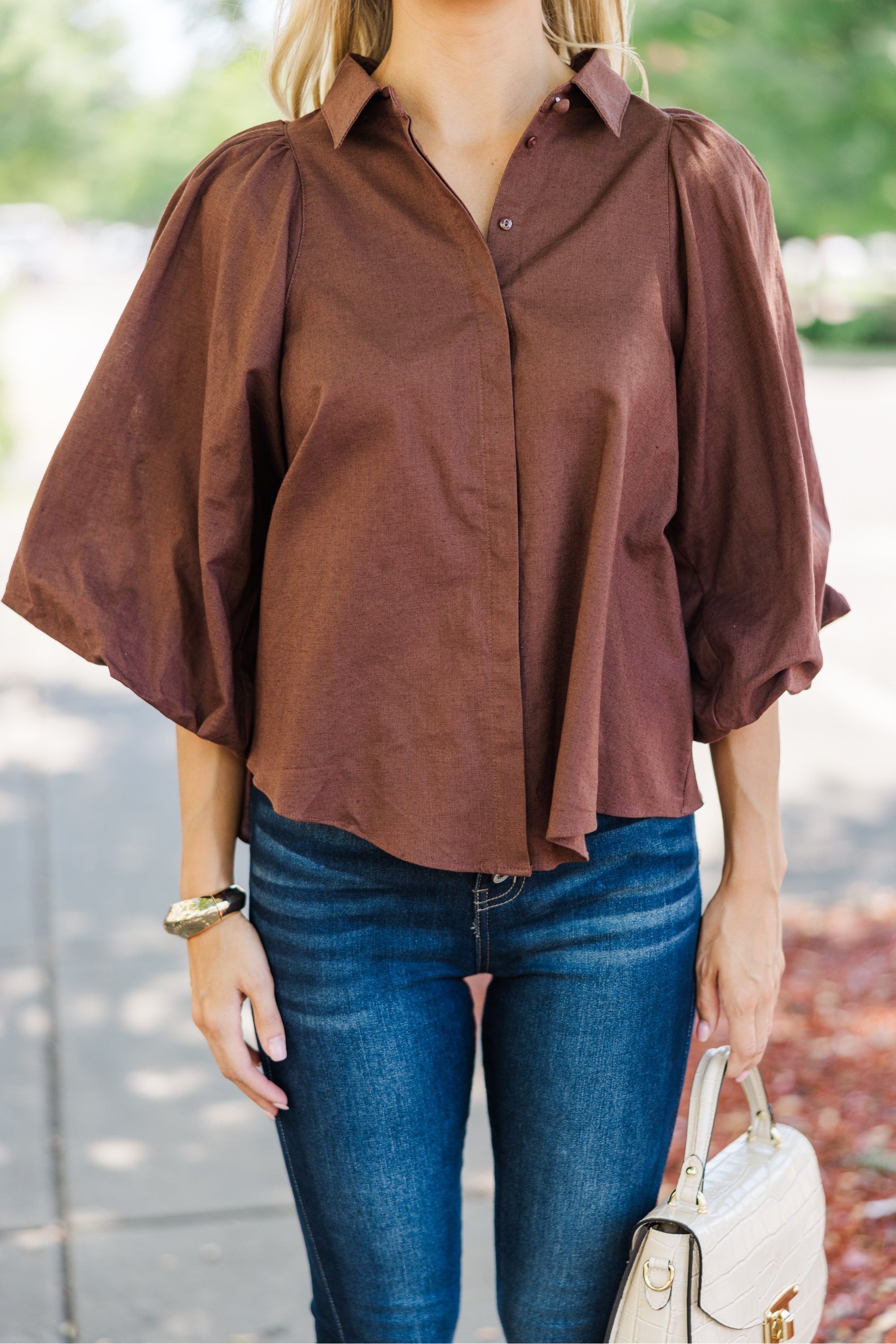 Let's Run Brown Bubble Sleeve Blouse
