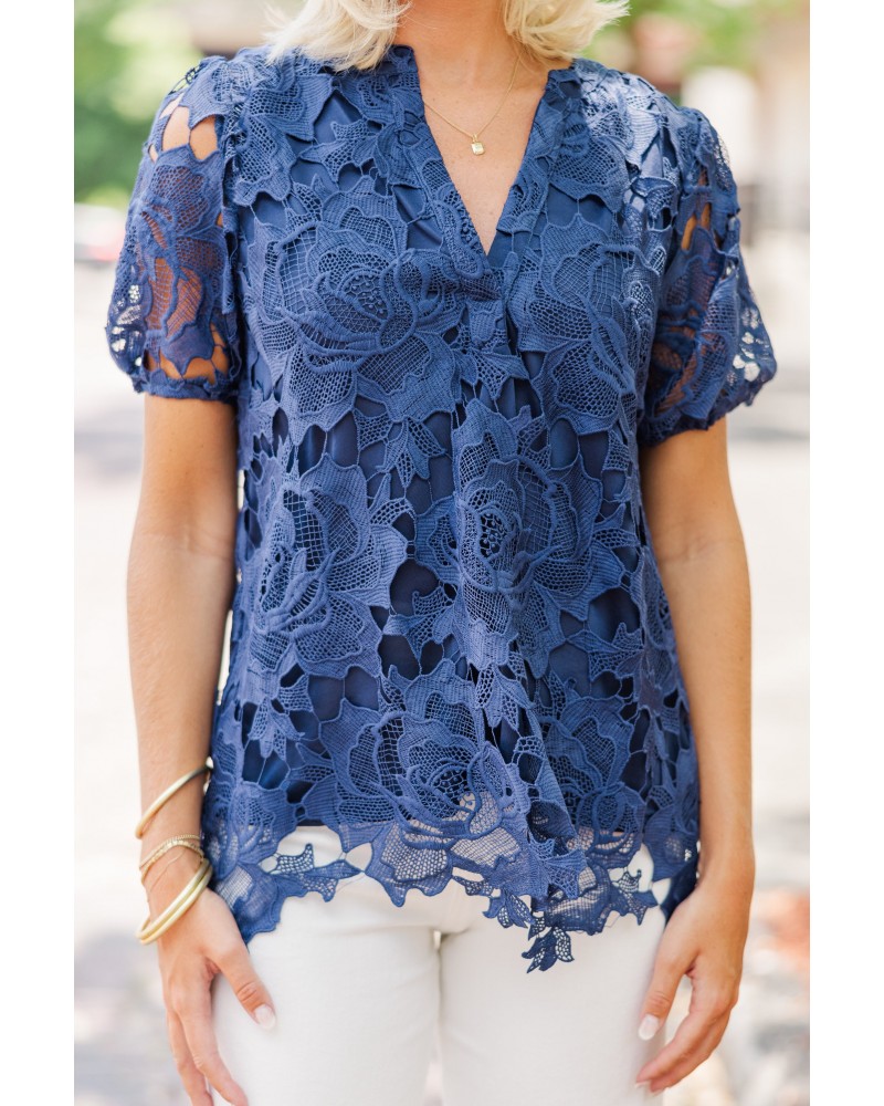 Detailed Dreams Navy Blue Lace Blouse