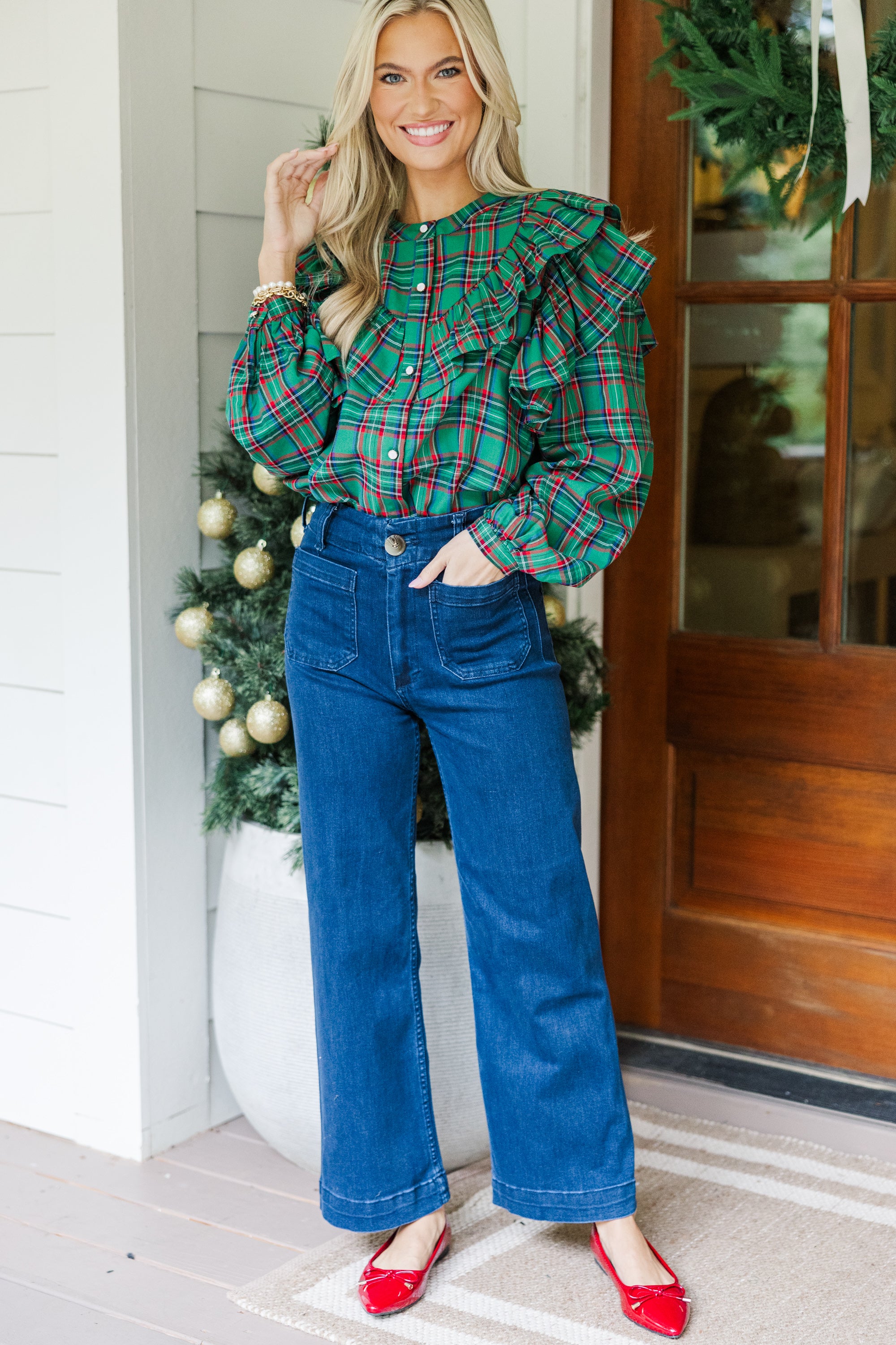 It's All Possible Green Tartan Plaid Button Down Blouse