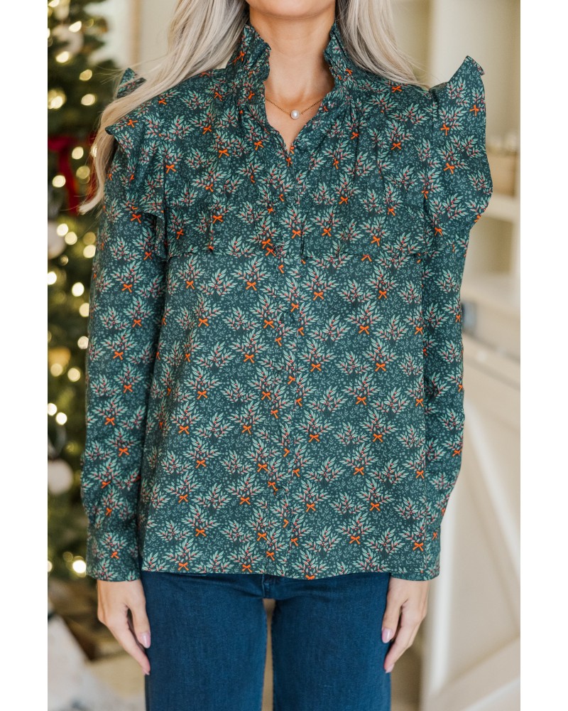 On Your Time Navy Holiday Print Button Down Top