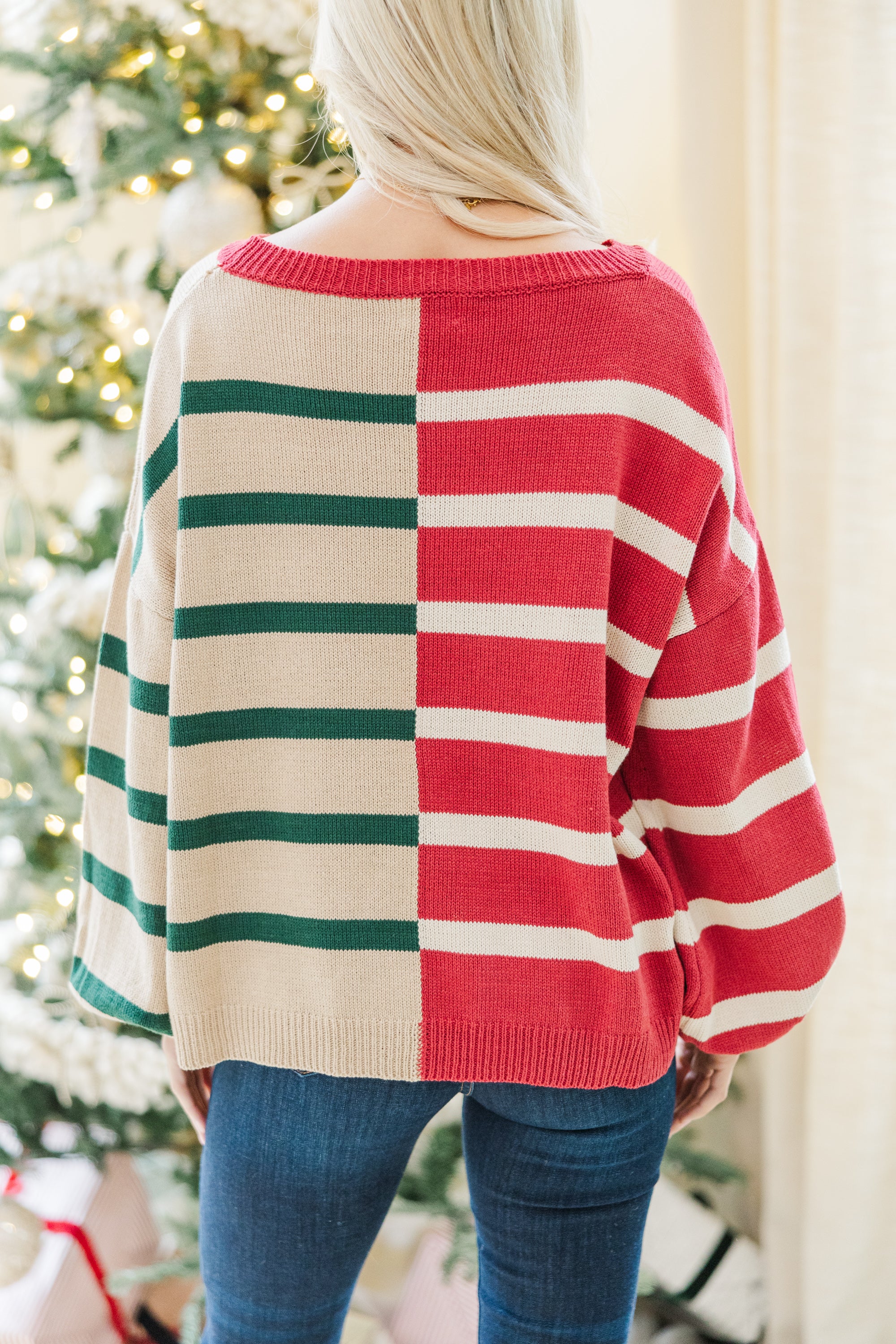 Ready For Anything Red/Green Striped Colorblock Sweater