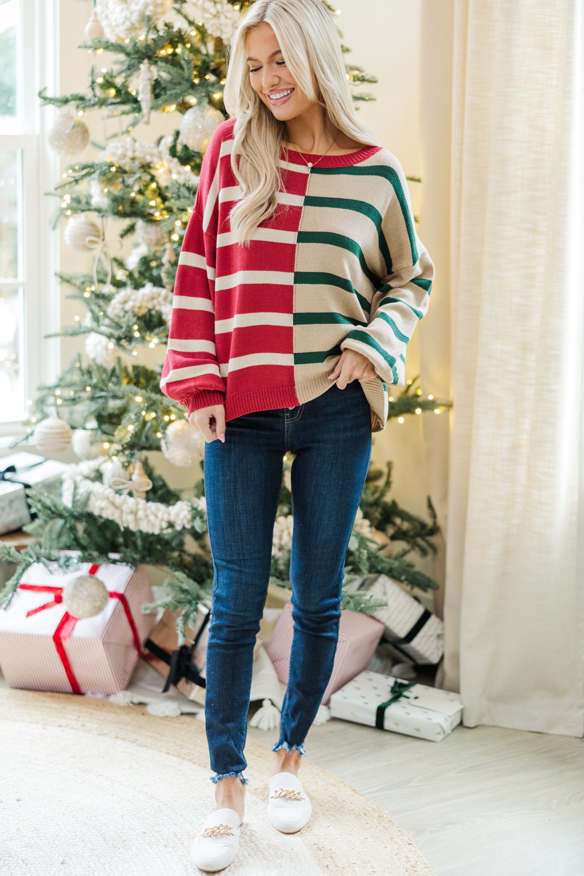 Ready For Anything Red/Green Striped Colorblock Sweater