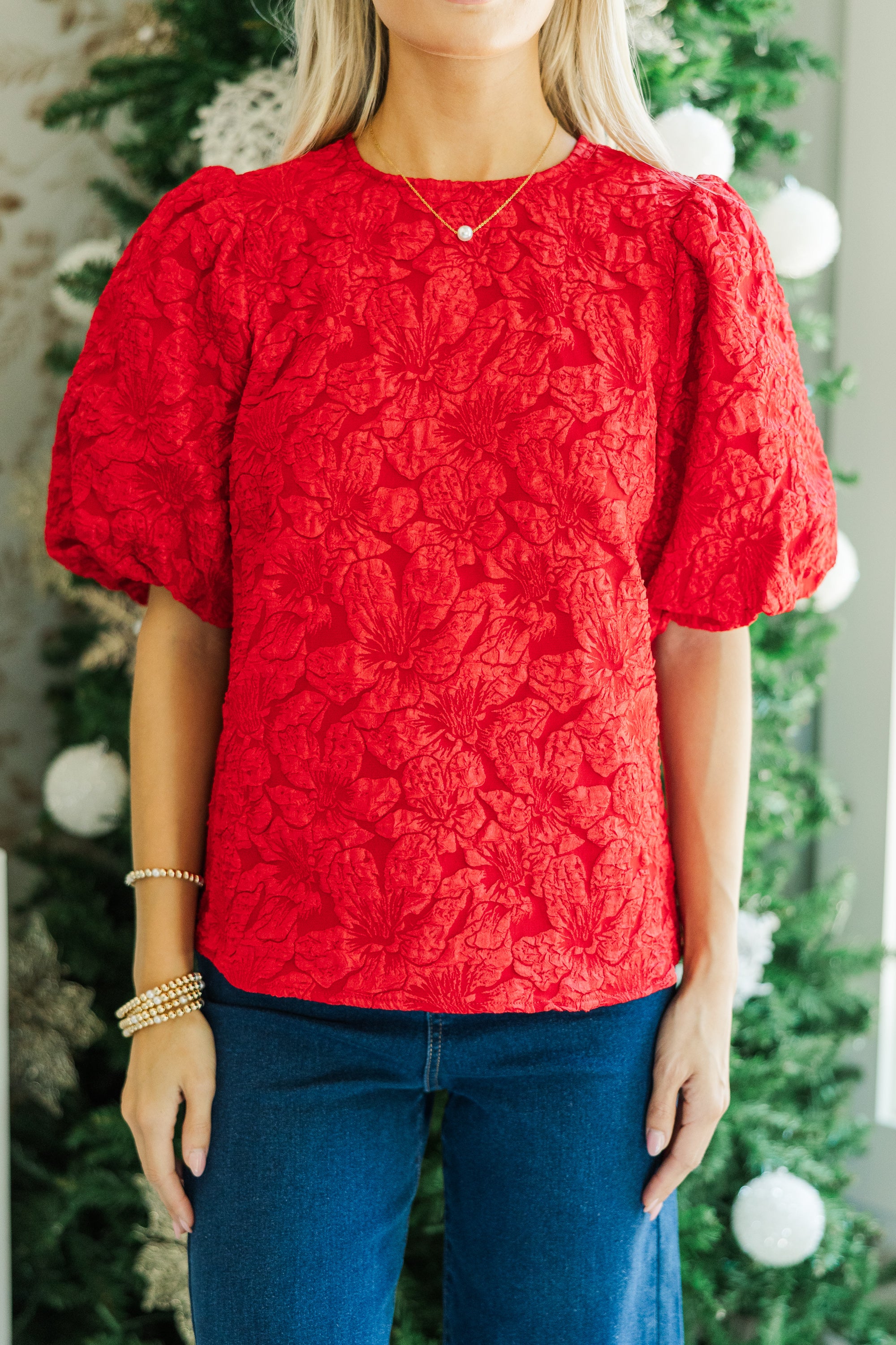 All Is Bright Red Jacquard Blouse