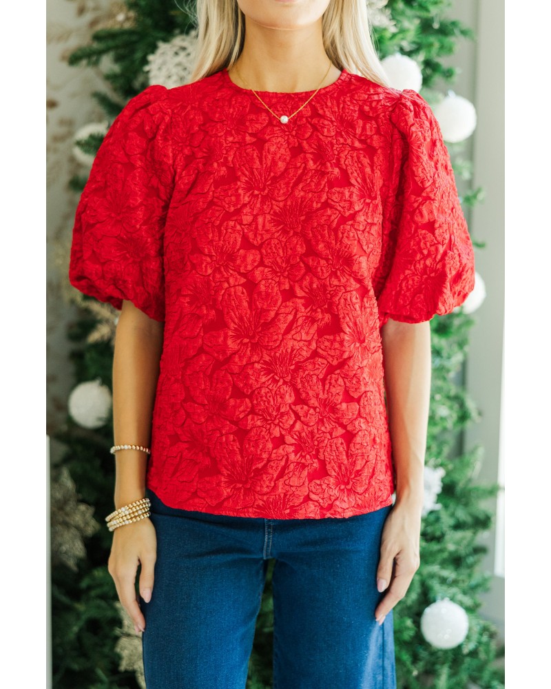 All Is Bright Red Jacquard Blouse
