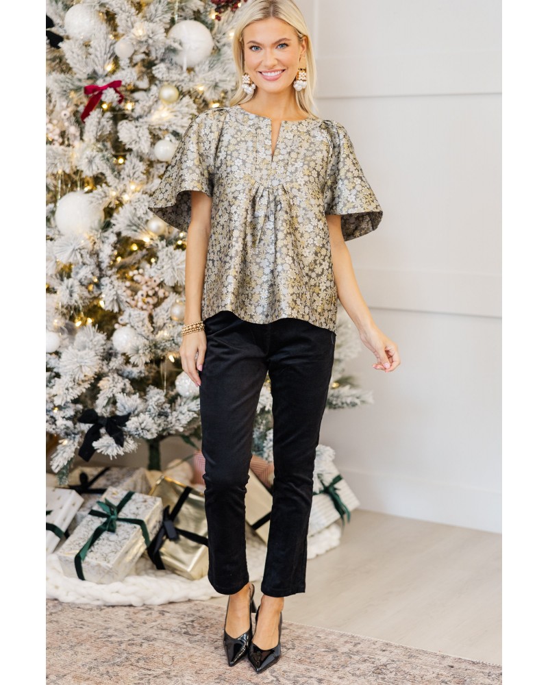 Just A Theory Gray Floral Brocade Blouse