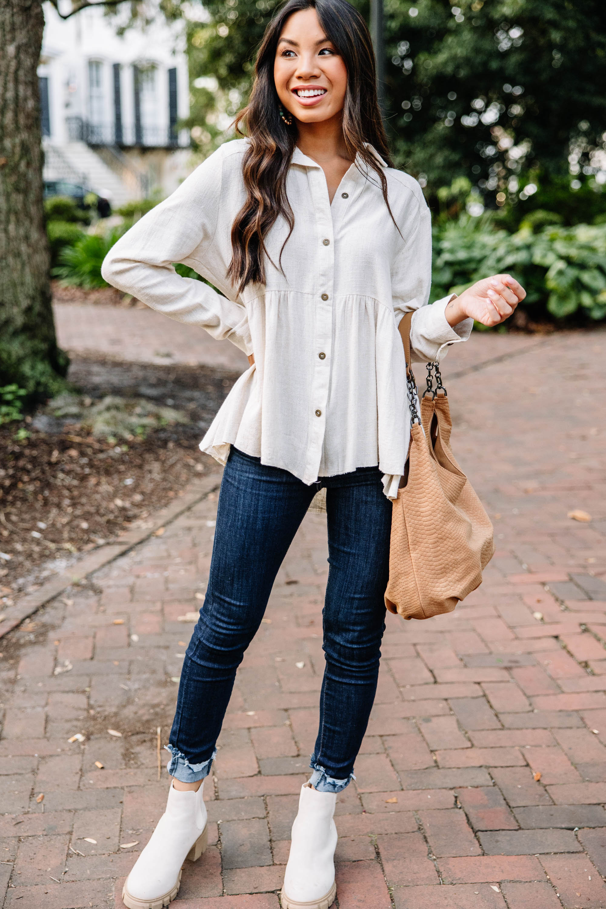 Call On Me Oatmeal White Linen Top